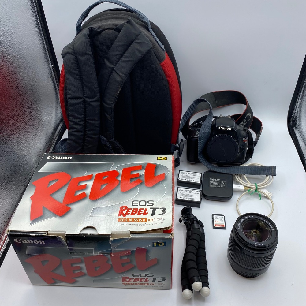 Canon EOS Rebel T3 DSLR Camera Kit 18-55mm Lens 64GB SD Backpack Bundle Black